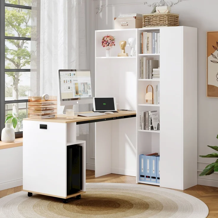 Klappbarer Schreibtisch mit Ablagen –2-in-1-Bücherregal und Schreibtisch, klappbar, mit Steckdose und USB-Anschluss, höhenverstellbare Ablagen, Kippschutz, weiß-Schreibtisch,Eck-Schreibtisch-rechts – Bild 2
