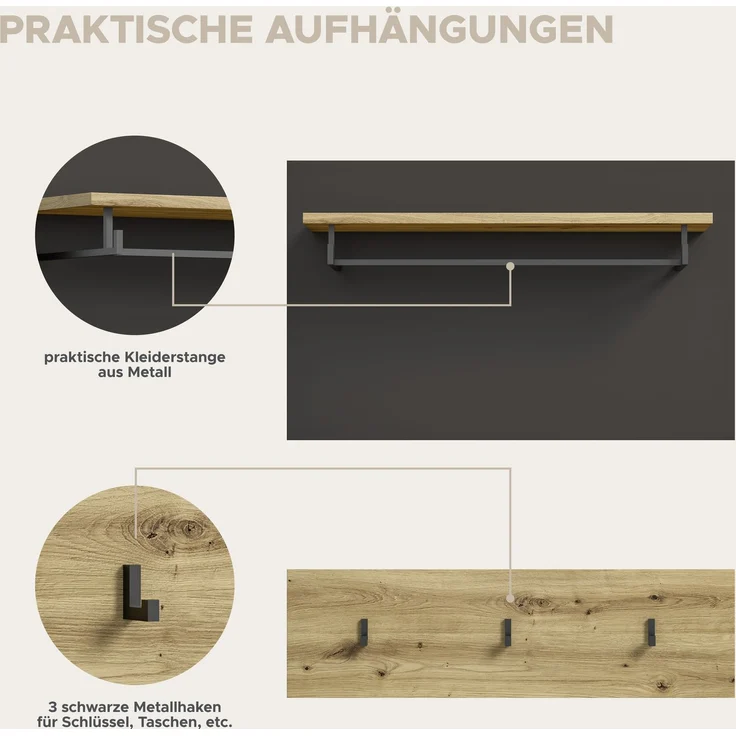Garderobenkombination inkl. Sitzkissen (B/H/T: 255x190x37 cm) in Artisan Nachbildung – Bild 9
