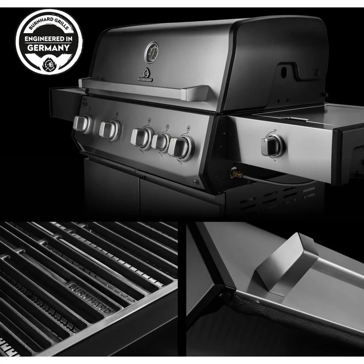 BURNHARD® Gasgrill 4-Brenner, 21,2 kW Gesamtleistung, Infrarot-Keramikbrenner, Seitenkochfeld, Edelstahl-Stabbrenner, Gussrost, große Grillfläche, Piezo-Zündung – Big FRED Deluxe - Silber - #947138 – Bild 7