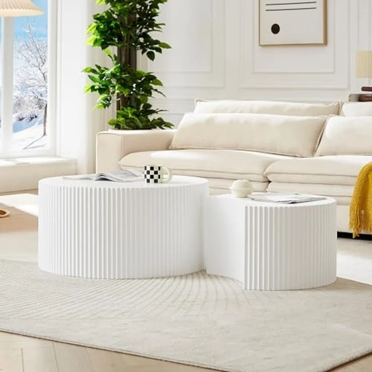 Modern White Nesting Coffee Tables Set - 2 - Piece Round MDF Embossed Board with Matt White Paint, Nordic Style for Living Room, Space - Saving Nesting Design – Bild 5