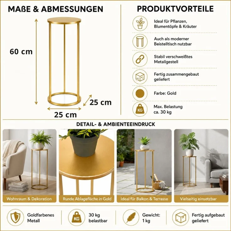 DanDiBo Blumenständer Metall Gold Rund 96510M 60 cm Pflanzenständer Blumenhocker Beistelltisch Blumensäule Modern Pflanzenhocker – Bild 2