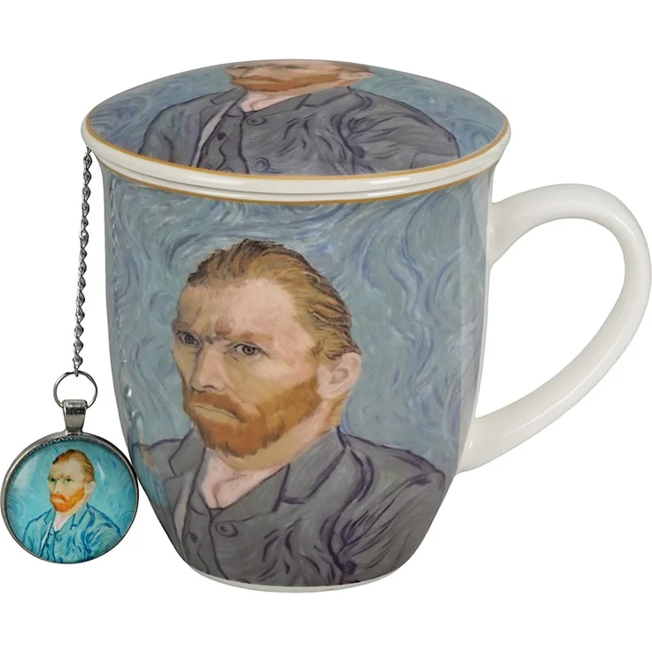 DUO ART GALLERY Becher 400 ml mit Teesieb PORTRAIT OF Van Gogh, New Bone China Porzellan