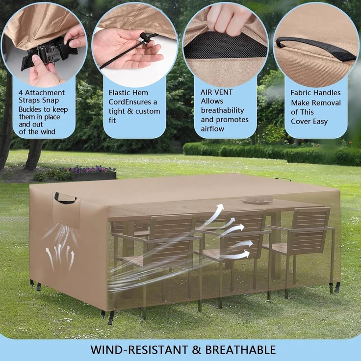 WUAYAMI Gartenmöbel Abdeckung wasserdichte Abdeckplane Gartenmöbel Winddicht Anti-UV Schwerlast 420D -Oxford Gewebe für Sitzgruppe Gartentische Terrassenmöbel Khaki, 170 x 94 x 71 – Bild 5