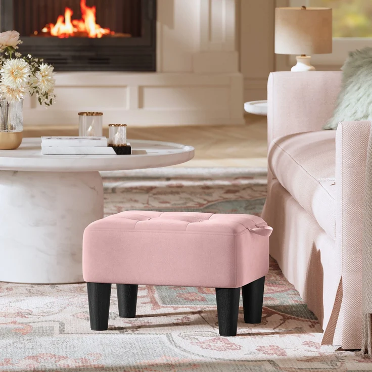 SONGMICS Sitzhocker, Fußhocker, Samt, Hocker, Dicke Polsterung, bis 150 kg belastbar, für Wohnzimmer Schlafzimmer Eingangsbereich, pastellrosa-tintenschwarz – Bild 3