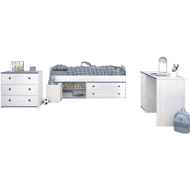 Kinderzimmer Set Parisot Smoozy 4-tlg. Holzdekor Kiefer Weiß/Blau