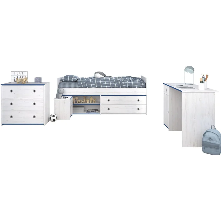 Kinderzimmer Set Parisot Smoozy 4-tlg. Holzdekor Kiefer Weiß/Blau – Bild 1