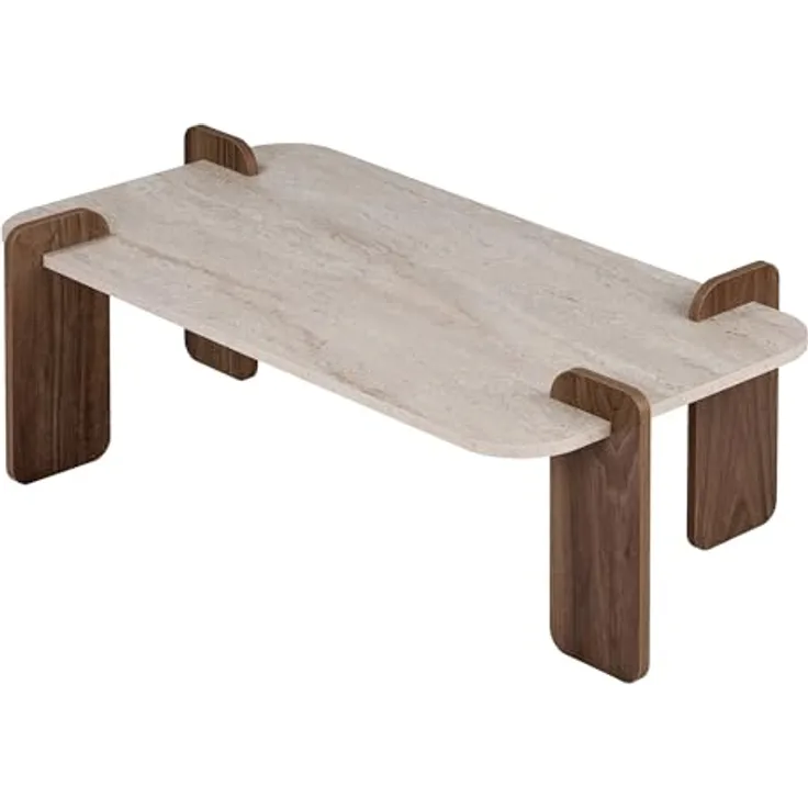 Stilvoller Couchtisch, 120 cm x 60 cm x 35 cm | 100% melaminbeschichtete Spanplatte, werkzeuglose Montage | Elegante Travertin- und Walnuss-Optik