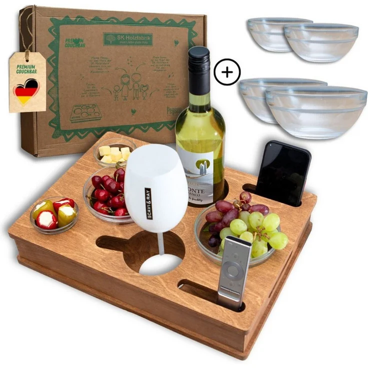 PEGSEN Servierplatte All in One Couchbar Sofatablett mit 4 Snackschalen, Birkenholz, (Set, 5-tlg, abnehmbarer Deckel, mit 4 lebensmittelechten Glasschalen), passend für Kaffeetassen, Weingläser, 0,5L Bierflaschen – Bild 1