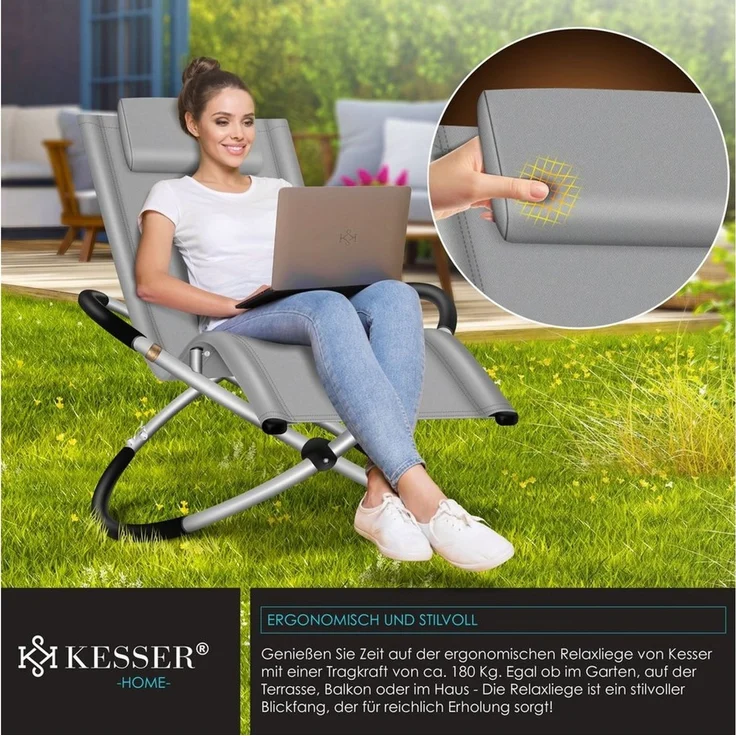 KESSER® Relaxliege Liegestuhl | Gartenliege | Gartenstuhl | Klappstuhl faltbar | Schwungliege | Schaukelsessel | ergonomische Relaxsessel | wetterfest | 180 kg Belastung | 174 x 78 x 89 cm Grau – Bild 2