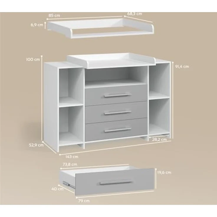 Livinity® Wickelkommode Torino, Weiß/Grau/Weiß, XL mit Schubladen – Bild 4