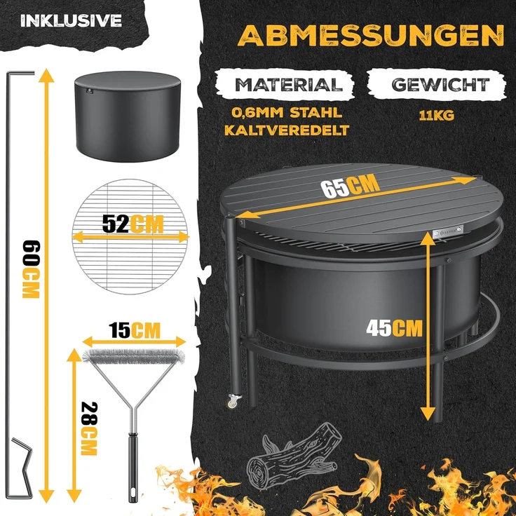 KESSER® Feuerschale mit Grillrost Ø65cm Feuerkorb 0,6mm Kaltveredelter Stahl | mobile Feuertonne mit Reifen | Holz & Kohle Feuerstelle inkl. 60cm Feuerhaken aus Gusseisen, Ø52cm, Bürste & Cover Schwarz – Bild 3