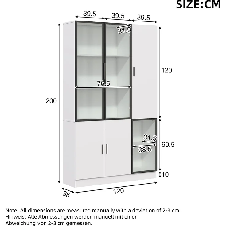 Vitrine B 120 x T 35 x H 200 cm aus Spanplatte mit Glastüren, LED-Beleuchtung und 10 Stauräumen – Bild 5