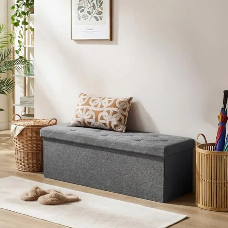 DUMOS 109cm Aufbewahrungs-Hockerbank, Aufbewahrungsbox, Bettfußbank mit gepolstertem Sitz, Schlafzimmerbank für Wohnzimmer, Tragkraft 300kg, Grau – Bild 2