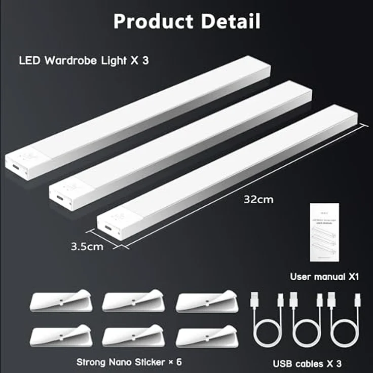 Unterbauleuchte Küche LED Schrankbeleuchtung 32cm 3Stück Warmweiß mit Bewegungsmelder Innen Akku,Schranklicht Schrankleuchten Lichtleiste USB mit Sensor für Kleiderschrank,Unterschrank,Kofferraum,RV – Bild 7