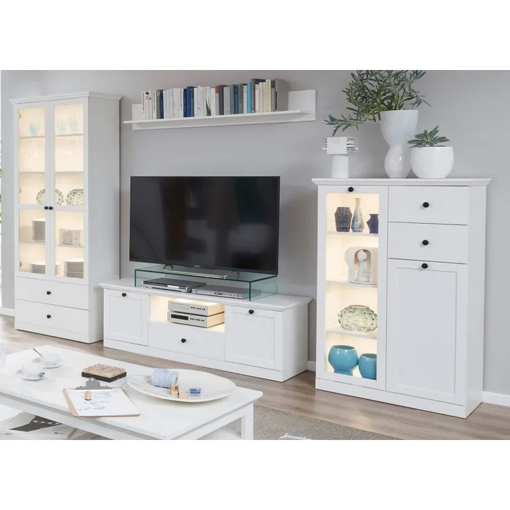 trendteam Wohnwand Baxter, (in weiß Landhaus, Komplett-Set 4-teilig, 365 x 195 cm), mit Vitrinenschrank