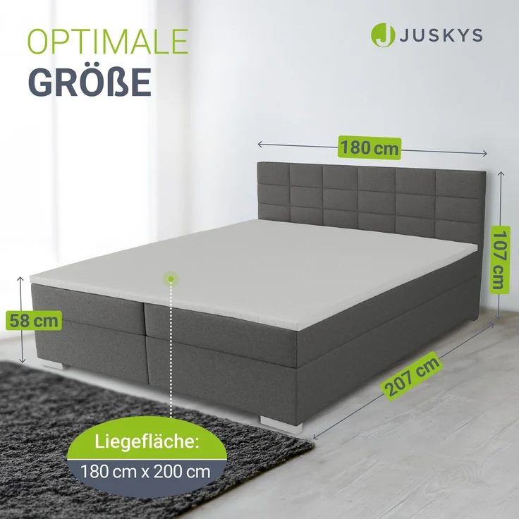 Juskys 'Seattle' Boxspringbett - hoher Komfort, weicher Malmo-Stoff, komfortable Einstiegshöhe, gepolstertes Kopfteil, inkl. Topper - Hellgrau, 180x200 cm – Bild 5