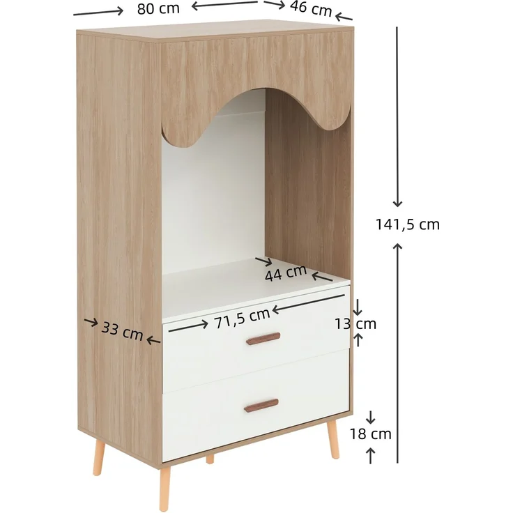 Offener Kinderkleiderschrank, HDF+Massivholzgriffe, Weiß-Natur Optik 80x46x141,5cm für Kinderzimmer Schlafzimmer – Bild 6