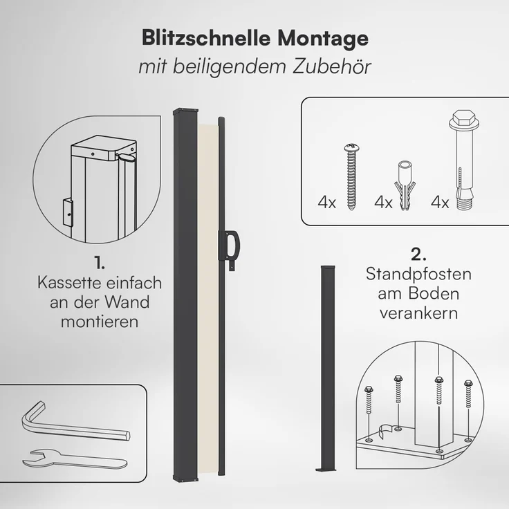 STEELSØN 'Zirella' Seitenmarkise mit Aluminium-Kassette, ausziehbar, 180x300 cm, beige/anthrazit, Windschutz, wetterfest und blickdicht – Bild 10