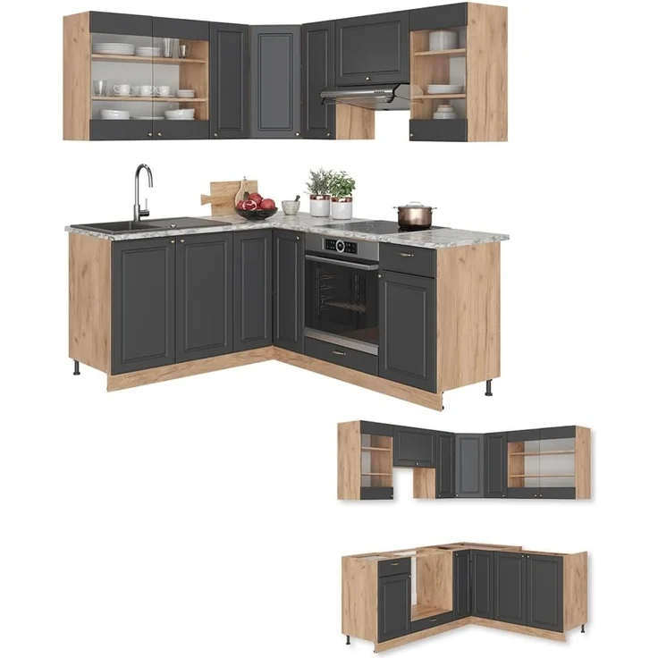 Eckküche Fame-Line Anthrazit-Gold Landhaus/Goldkraft Eiche 190 x 160 cm ohne Arbeitsplatte Vicco – Bild 7