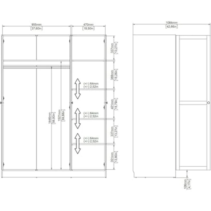 Dmora - Kleiderschrank 3 Türen Tilda, Schlafzimmermöbel, Schrank, Garderobe, 147x62 h200 cm, Weiß – Bild 2