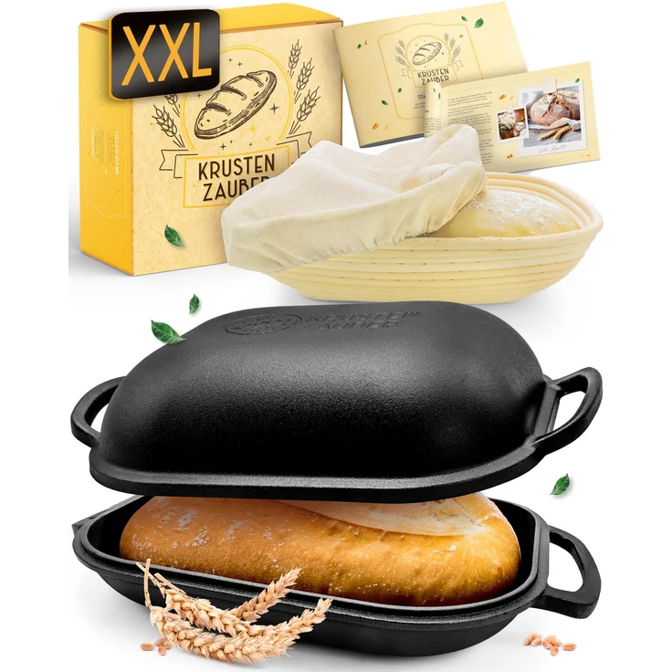 KRUSTENZAUBER 40cm Brotbackform mit Deckel Gusseisen inkl. Gärkorb - Robuster Gusseisen Topf Brot Backen - Idealer Brotbacktopf für selbstgemachtes Brot, Gusseisentopf, Gusstopf, cast iron pot – Bild 1