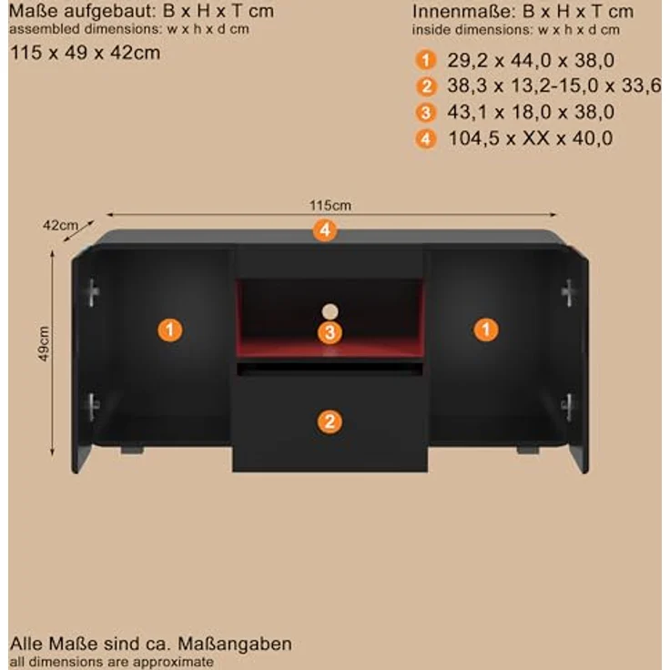 trendteam smart living - Level Up - TV-Schrank - Schwarz/Rot/Blau - Gaming-Lowboard passend für z.B. Nintendo Switch - (BxHxT) 115 x 49 x 42 cm - Mit LED-Spot BLAU, 4er-Set – Bild 3