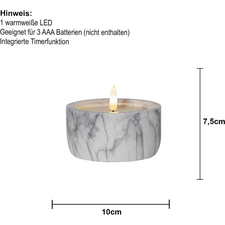 Beton-Kerze ,Flamme Marble', Votivkerze in Marmor-Optik, Batterie + Timer, warmweiß, H 10cm – Bild 4