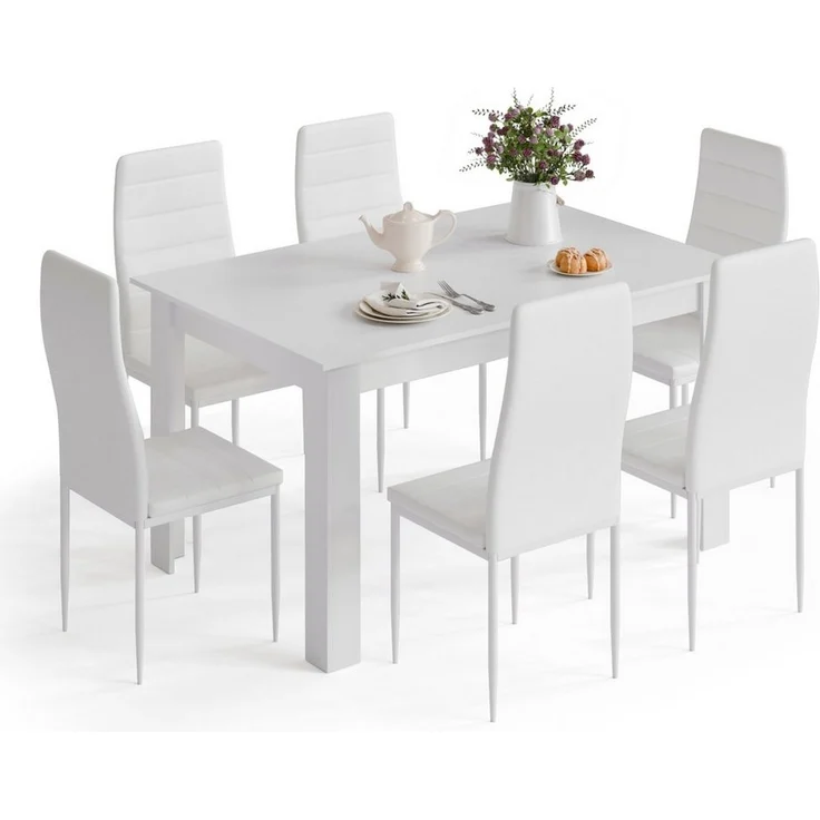 Mondeer Essgruppe Esszimmergruppe (Set, 7-tlg), Spanplatte & Lederimitat, Zweifarbig, Ergonomisch, Weiß – Bild 1