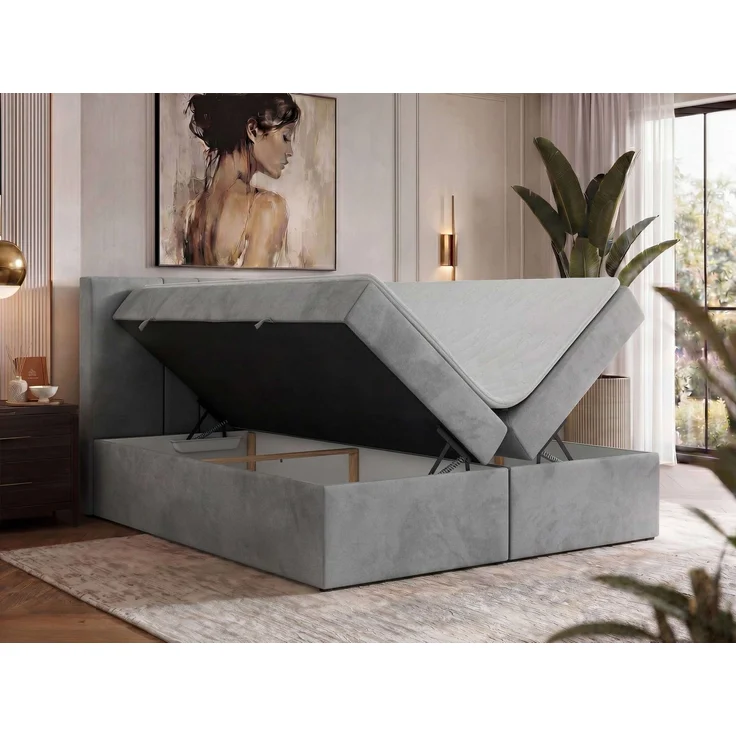 Boxspringbett INERO 200 x 200 mit Matratze H3 und Topper Visco, 7-Zonen-Multipocket-Kern, zwei Bettkästen, Doppelbett, gepolstert Kopfteil - Hellgrau Velvet – Bild 4