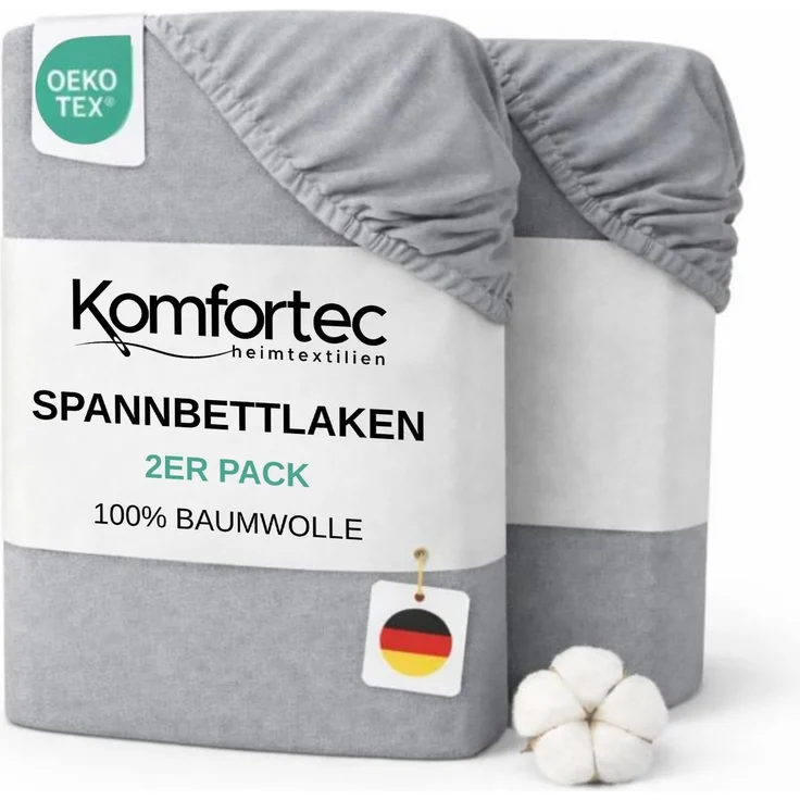 Komfortec Spannbettlaken Jersey 2er Set 100% Baumwolle – 180x200 cm – Weich, Atmungsaktiv & Hautfreundlich – Mit Rundumgummi – Oeko-Tex Zertifiziert – Für Boxspring, Topper & Matratzen – Grau