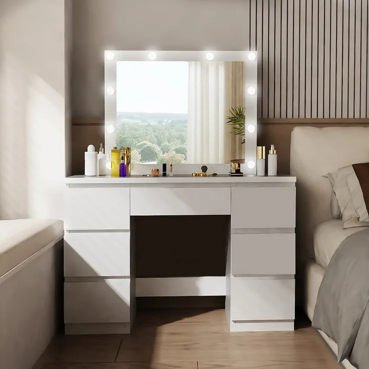 oyajia Schminktisch Kosmetiktisch mit Spiegel und LED-Beleuchtung, 7 Schubladen (Weiß Frisierkommode Kosmetiktisch Hollywood mit LED-Beleuchtung), 2 AC Steckdose, 1 USB-Anschluss, 1 Type-C Anschluss