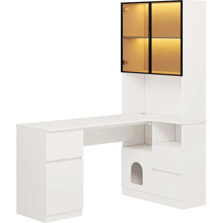 Flieks Eckschreibtisch mit LED-Vitrine & Regal 120×80×180 cm, Computertisch mit 3 Schubladen, 2 Türen, Haustierfach, Rechte Ecke, Weiß – Bild 7