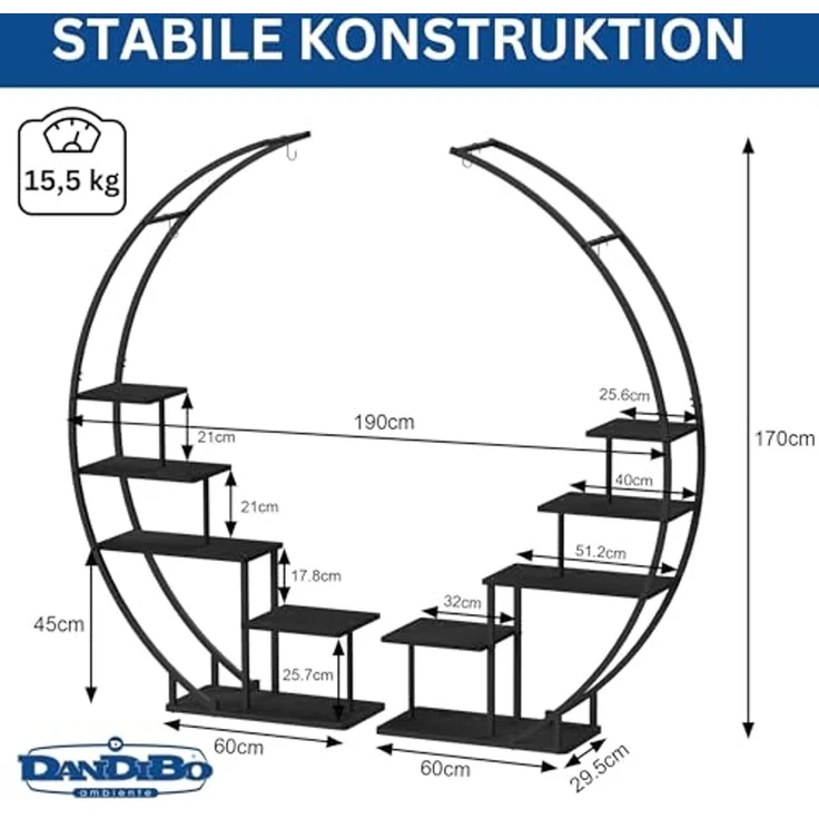 DanDiBo Blumenregal indoor 170 cm Hoch Metall Schwarz Rund 96586 Blumentreppe Groß Halbrund Pflanzenständer Modern Design – Bild 2