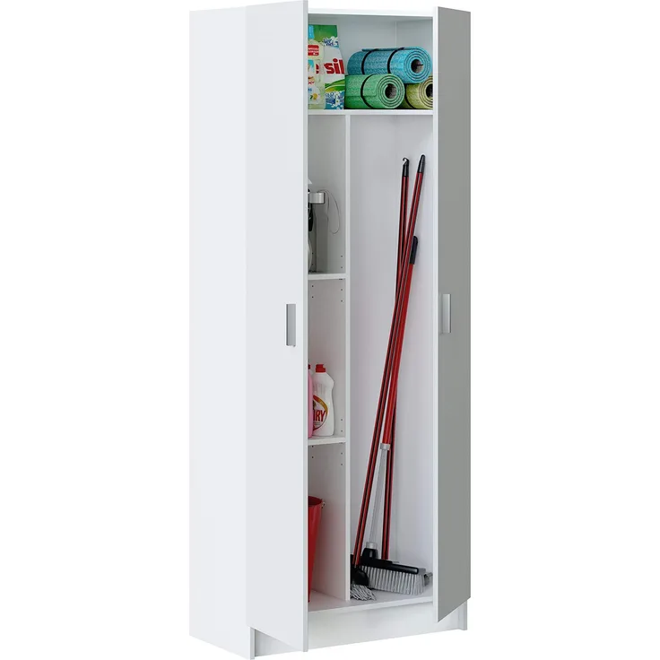Dmora - Mehrzweck-Schrank Charleston, Besenschrank mit 2 Türen, Schuhregal mit Regalen, Besenkammer, cm 73x37h180, Weiß