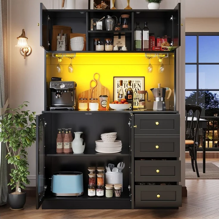 Odikalo Küchenbuffet Küchenschrank Buffetschrank mit LED-Lichtleiste & Getränkehaltern (120 x 40 x 188 cm, Landhausstil, 4 Türen, Schwarz/Weiß) – Bild 2