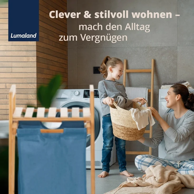 Lumaland Wäschekorb Bambus 33x33x73cm holzfarben/blau Wäschesack ausziehbar – Bild 8