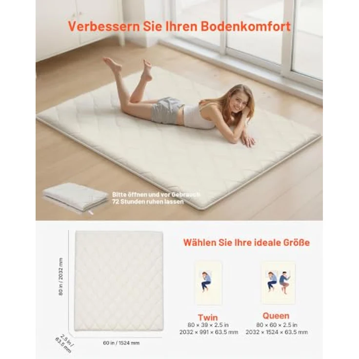 VEVOR japanische Futon-Matratze (2032 x 1524 x 63,5 mm), Faltbare Tatami (Queen Size), Bodenmatratze mit Aufbewahrungstasche & Befestigungsmaterial, 9-lagige Schlafmatte für Meditation Yoga, Weiß – Bild 2