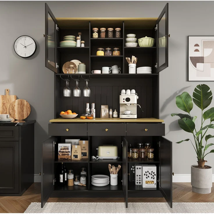 Buffetschrank mit Glastüren, Gläserhalter & Stromanschlüssen, 120x40x191 cm, Schwarz – Bild 3