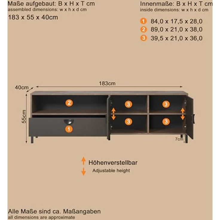 trendteam smart living - Fusion - TV-Schrank - Rostoptik/Perlbronze - TV-Unterteil mit 2 Türen, 2 Einlegeboden, 1 Schublade und 1 offenem Fach - (BxHxT) 183 x 55 x 40 cm - für TV 65-75 Zoll – Bild 5