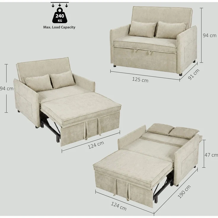 Wohnora-2-Sitzer-Schlafsofa, 3-in-1-Schlafsofa aus Chenille, 125 cm breit, mit verstellbarer Rückenlehne, breiter Sitzfläche, 2 Kissen, Creme,H 940cm x T 1250cm x B 910cm – Bild 3