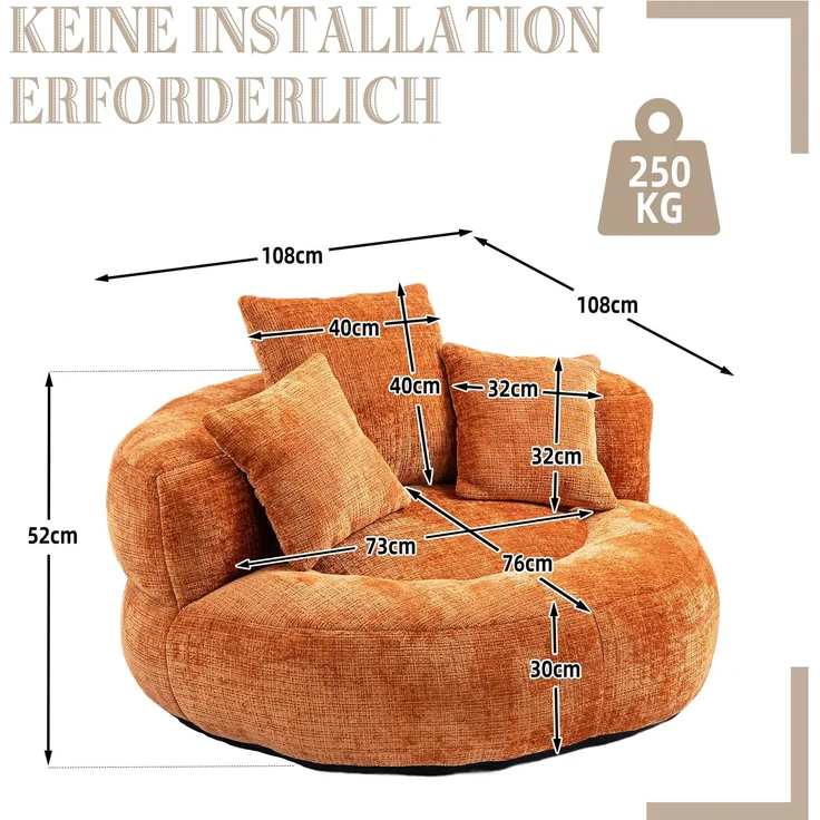 Lazy Sofa Durable Komfort Lounger hohen Rücken Sitzsack Stuhl Couch mit drei Kissen für Erwachsene und Kinder, Indoor & Outdoor, Single Gaming Sofa Stuhl für Schlafzimmer, Büro (Orange Chenille)--Orange--108x108x52cm--YOUDENOVA – Bild 7