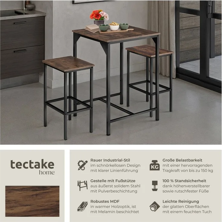 tectake Stehtisch Barset (1-St, 3 tlg), 3er-Set aus Bartisch und zwei Barhockern im trendigen Industrial-Look
