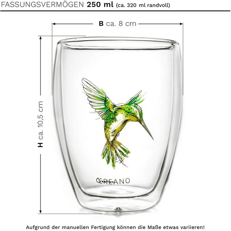 Creano Teeglas Tee-Glas, Latte Machiato, Thermobecher Kolibri Grün, 250ml, Borosilikatglas, 1x bedrucktes Glas – Bild 2