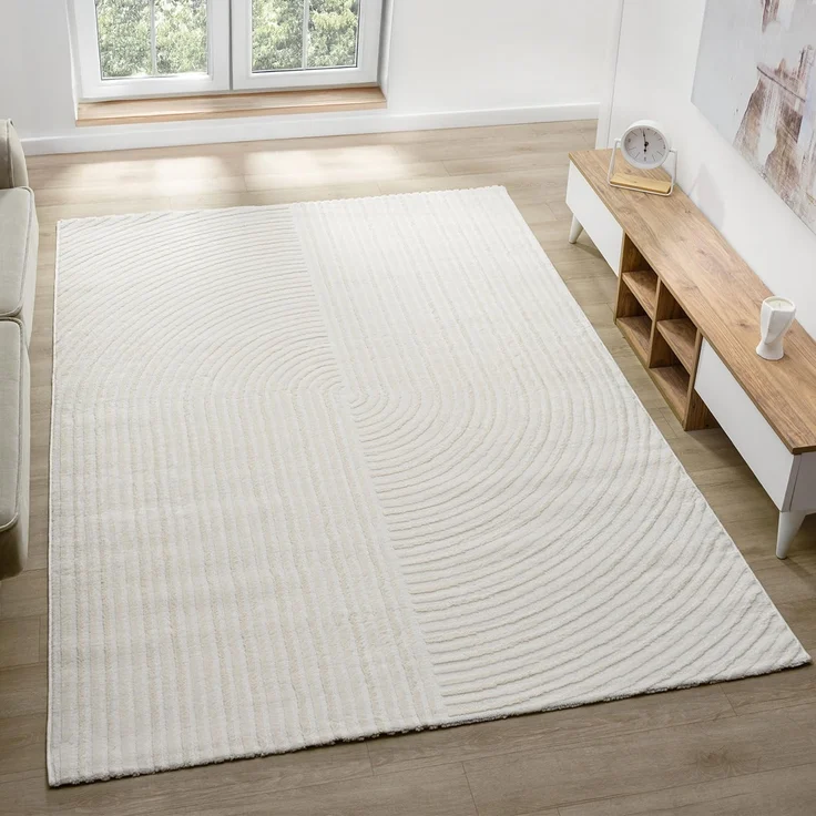 Vimoda Teppich Teppich Wohnzimmer Boho Design dünn kurzflur teppich, Rechteckig, Höhe: 6 mm, Hoch Tief Effekt 3D Teppich, in Creme, Grau &Taupe Läufer Schlafzimmer – Bild 2