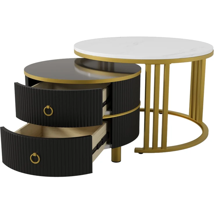 Couchtisch 2-teilig Set rund mit Marmormuster Gold und Schwarz Hochglanz Tischplatte mit Schubladen Stauraum – Bild 7