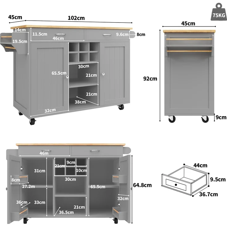 Kücheninsel Grau mit klappbarem Arbeitsbereich, multifunktionaler Esszimmerwagen, MDF-Tischplatte mit Holzmaserung, Zinkgriff,Weinregal und 360°Lenkrollen – Bild 7