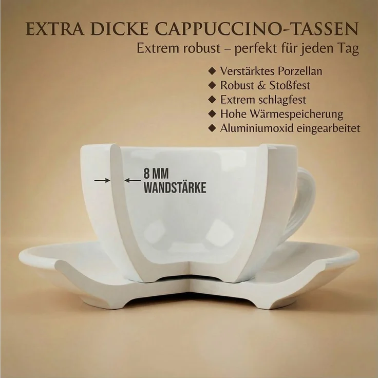 MUVELL Cappuccinotasse 6er Cappuccino-Set "VERONA" Tasse 200ml + Untertasse, weiß, 6-tlg, Keramik, 200 ml Weiß mit weißen Rand und Innenfläche – Bild 3