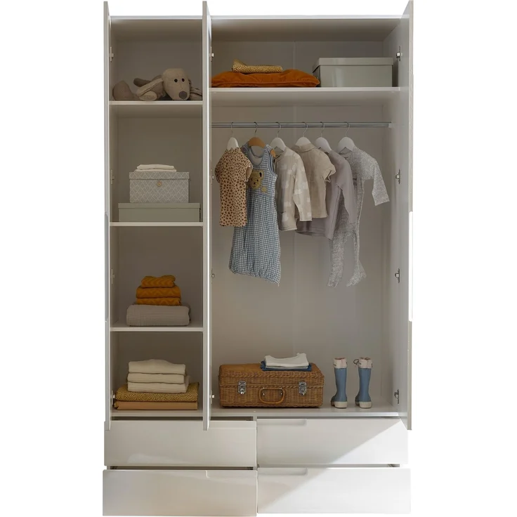 Kleiderschrank >Spice< 3 Türen, 4 Schübe, in Weiß / Weiß Hochglanz - 126x208x57 (BxHxT) – Bild 5