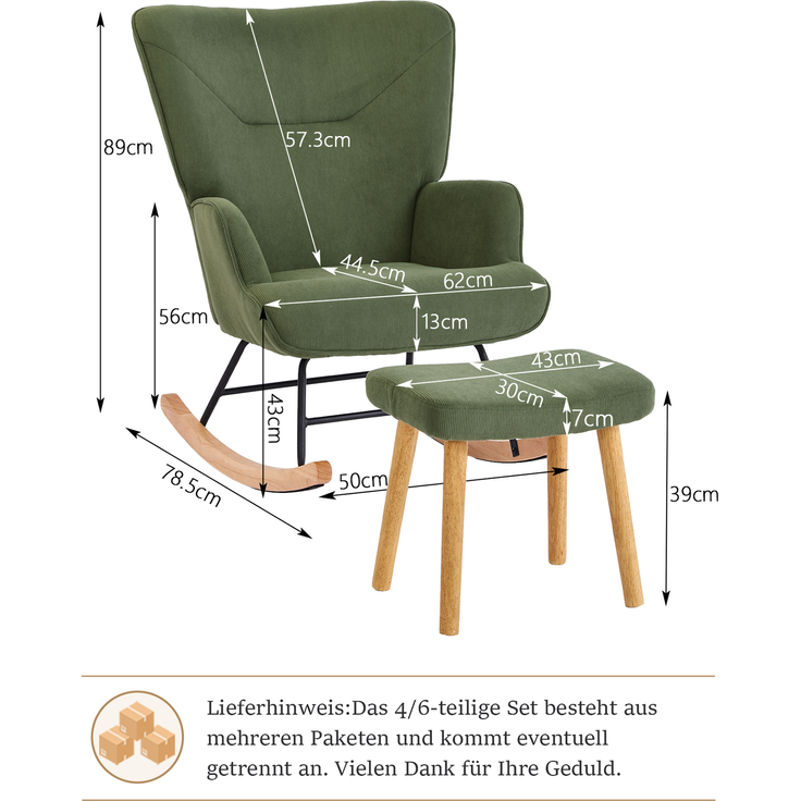 GOEURVANT 5006 Schaukelstuhl mit Hocker (Relaxsessel, Ohrensessel), Feincord - Grün – Bild 6