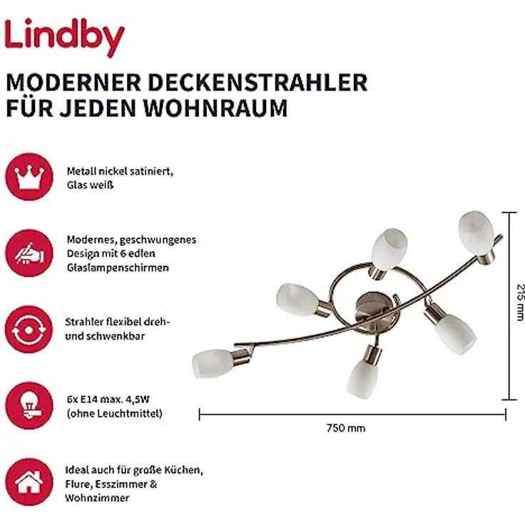 Lindby Deckenstrahler Glas 6-flammig, dreh- und schwenkbar, Metall nickel satiniert, weißes Glas, ohne Leuchtmittel – Bild 2